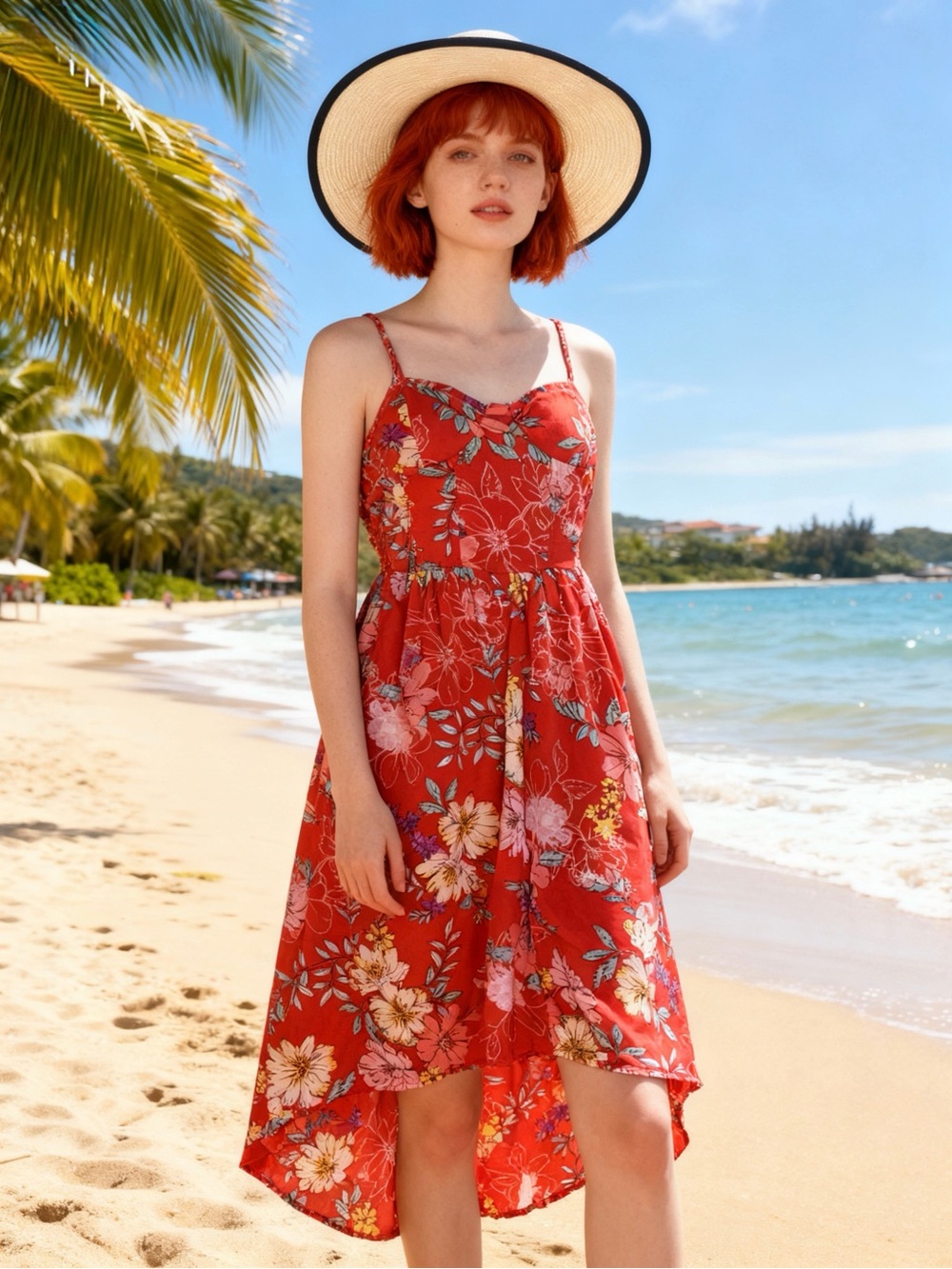 Red Floral High-Low Sundress with Spaghetti Straps